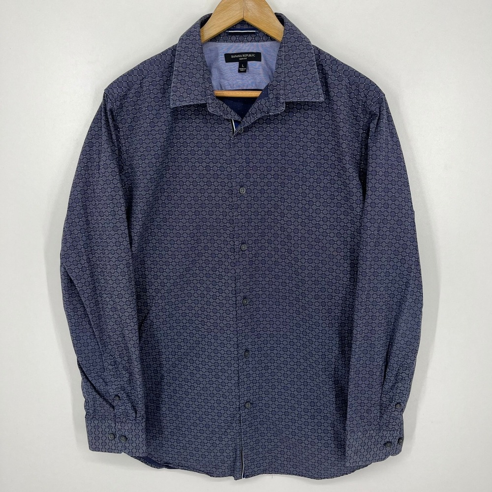 Banana‎ Republic Mens Slim Fit Navy Blue Geometric Diamond Button Down Shirt L